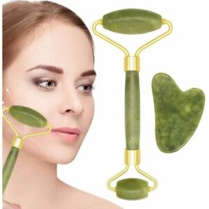Set de 2 Rouleaux de Jade - Kit Massage Visage avec Roller et Gua Sha pour une Peau Éclatante