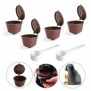 Set de 4 Filtres Réutilisables pour Café Expresso Dolce Gusto + 2 Cuillères - Marron Pratique