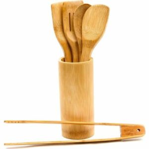 Set de 5 Ustensiles de Cuisine en Bambou avec Support : Cuillère, Spatules, Écumoire & Pince Pratiques