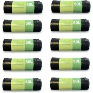 Sac Poubelle Noir Ultra Résistant 50L - Lot de 100 Sacs en Plastique Recyclés avec lien coulissant pour refermer proprement
