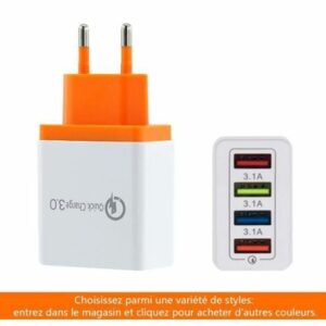 Chargeur USB Universel 4 Ports - Charge Rapide 3.1A - Compatible iOS & Android - Fiche Orange