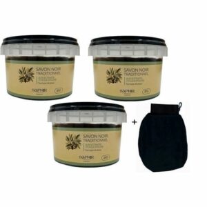 Lot de 3 Savons Noirs Traditionnels SAPHIR + 1 Gant Kessa - 100% Naturel - Huile d'Olive - Fabriqué au Maroc