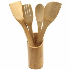 Set de 4 Ustensiles de Cuisine en Bois avec Support en Bambou - Écologique, Pratique et Hygiénique