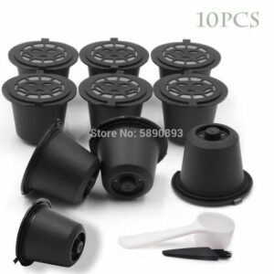 Set de 10 Capsules Réutilisables Nespresso Noir avec Tasses et Cuillère - Idéal pour un Petit Déjeuner Parfait