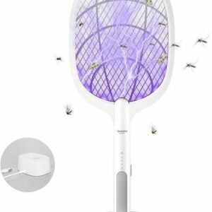 Raquette Électrique Anti-Moustiques 4000V USB Rechargeable avec Base de Charge - 2 en 1, Tapette à Mouches