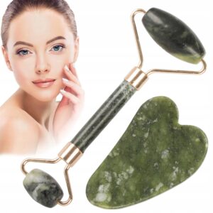 Rouleau de Massage Facial en Jade + plaque – Pierre Naturelle pour Soin du Visage et Anti-Age