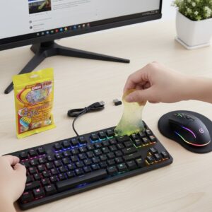 Pack Gaming Complet – 1 Clavier Gamer Rétroéclairé USB LED+ Souris Optique Bluetooth Ergonomique + Tapis de Souris Gel et Gel Nettoyant pour Claviers +  Confort et Performance pour PC et Mac