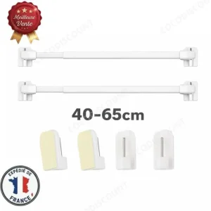 Lot de 2 Tringles à Rideau Extensibles 40–65 cm avec 4 Crochets Auto-Adhésifs – Sans Perçage pour Fenêtre, Cuisine et Salle de Bain
