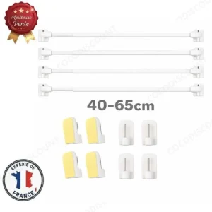 Lot de 4 Tringles à Rideau Extensibles 40–65 cm avec 8 Crochets Auto-Adhésifs – Sans Perçage pour Fenêtre, Cuisine et Salle de Bain