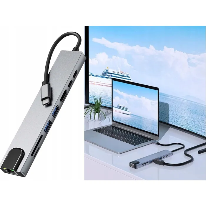 Hub USB-C 8 en 1 Thunderbolt 3 – 2 USB-C, 2 USB, HDMI, SD, RJ45 pour PC et Mac – Image 3