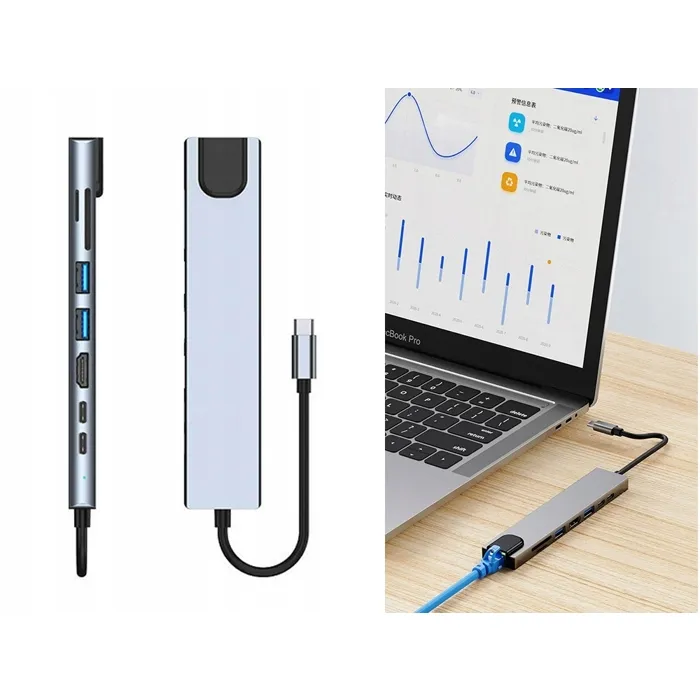 Hub USB-C 8 en 1 Thunderbolt 3 – 2 USB-C, 2 USB, HDMI, SD, RJ45 pour PC et Mac – Image 4