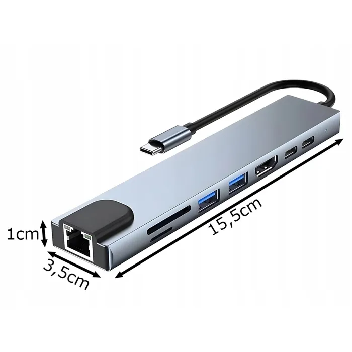 Hub USB-C 8 en 1 Thunderbolt 3 – 2 USB-C, 2 USB, HDMI, SD, RJ45 pour PC et Mac – Image 5