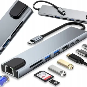 Hub USB-C 8 en 1 Thunderbolt 3 – 2 USB-C, 2 USB, HDMI, SD, RJ45 pour PC et Mac