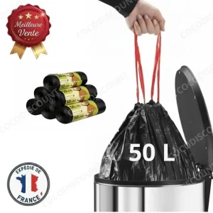 Lot de 5 Rouleaux Sacs Poubelle 50L Noirs – Lien Coulissant, Résistants et Anti-Fuite – 10 Sacs par Rouleau