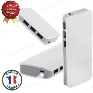 Batterie Externe 10000mAh Power Bank – 3x USB + MicroUSB 2.1A – Lampe Torche LED Puissante – Chargeur Portable