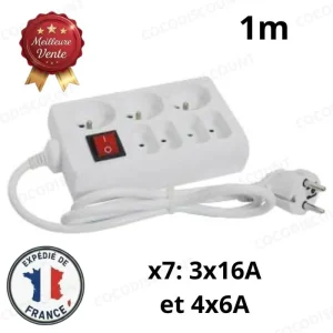 Multiprise 7 Prises 4x6A + 3x16A – Cordon 1 m, Sécurisée pour Maison, Bureau et Appareils Électriques