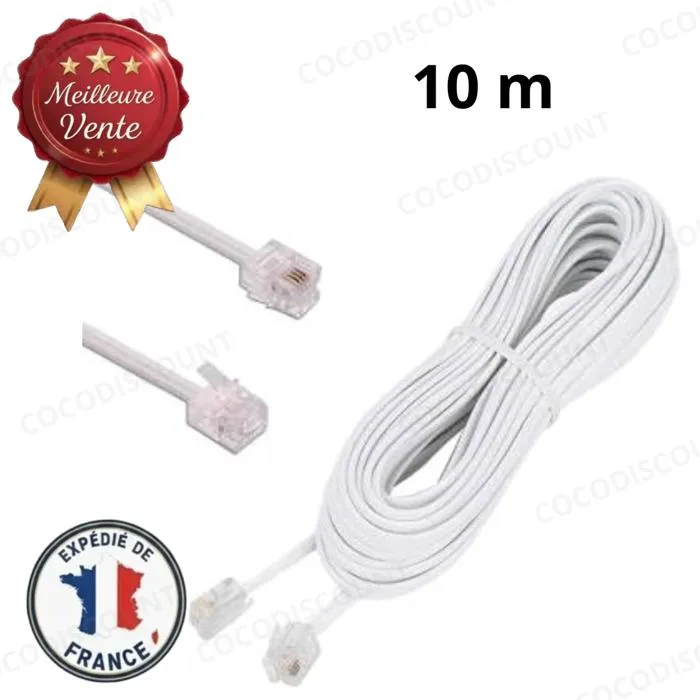Câble Téléphonie RJ11 10 m – Connecteur Mâle pour Téléphone Fixe, Fax et Modem
