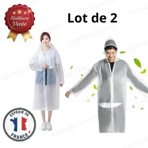 Lot de 2 Ponchos Blanc Imperméables avec Capuche – Capes de Pluie Légères et Pliables pour Adultes et Enfants, Pochette Portable