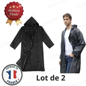 Lot de 2 Ponchos Imperméables Noirs avec Capuche – Cape Pluie Légère et Portable 120 cm pour Adultes, Voyage, Randonnée et Outdoor