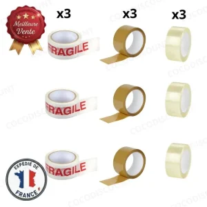 Lot de 9 Rouleaux Ruban Adhésif 50mm x 60m – Marron, Transparent et Fragile pour Déménagement, Emballage Carton et Colis